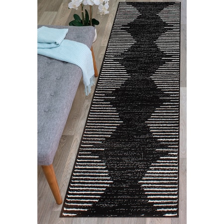 World Rug Gallery Bohemian Stripe Stain Resistant Runner Rug 2' x 7' Black 385BLACK2X7